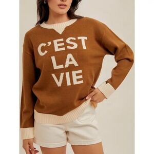 Hem Thread NEW Brown Cest La Vie French Classic Preppy Casual Knit Sweater